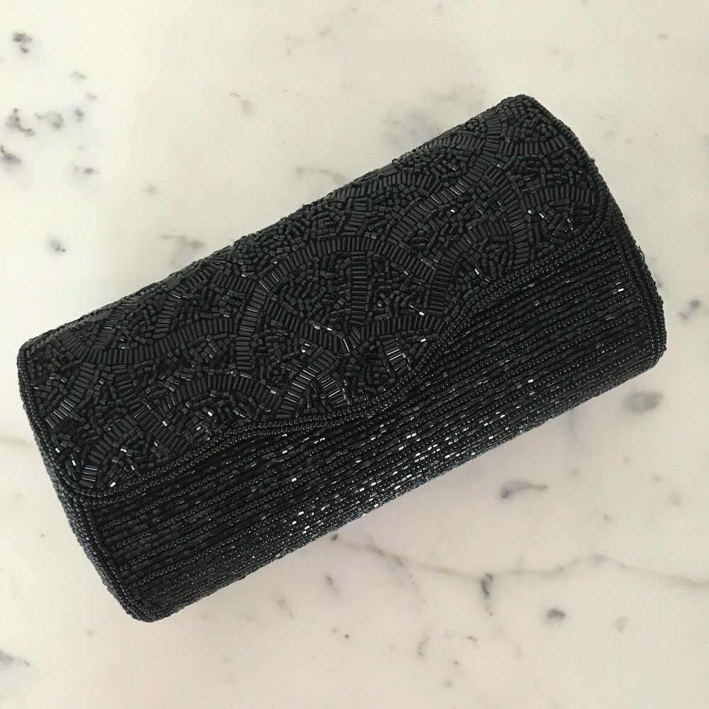 Vintage Black Bugle Bead Evening Bag Clutch MINT